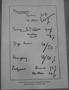 The 1944 "Percentages Agreement," with Stalin's big blue tick at upper left corner. (Churchill Archives Centre Cambridge)