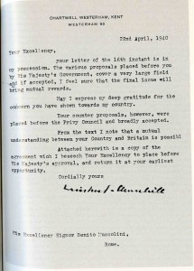 The most flagrant fake, from "Chartwell" (but not the Chartwell letterhead), with two misspellings and the title "Duce of Fascism," which Churchill would have choked on. The pasted signature isn't even level.