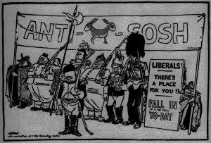 "The Recruiting Parade," David Low in The Star, 7 October 1924. Figures are labeled "Plot Press, Monopolist, Defeats (Churchill), Hardface Employer, Cracked Protection, Ideals are Tommy Rot and Plot Press (Lord Beaverbrook), Churchill was making his third bid to regain a seat in Parliament, and he won.