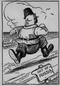 "We don't know where we're going but we're on our way." Churchill was urging demolition of "the foul baboonery of Bolshevism"—or was he? Strube in the Daily Express, 8 September 1919.